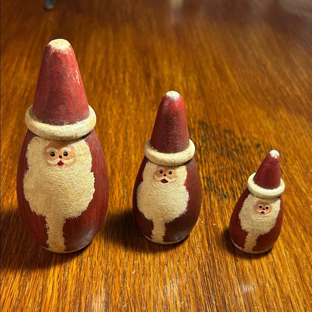 Vintage Hand Painted Wood Santa Figurines Christmas Decor Folk Art Set of 3